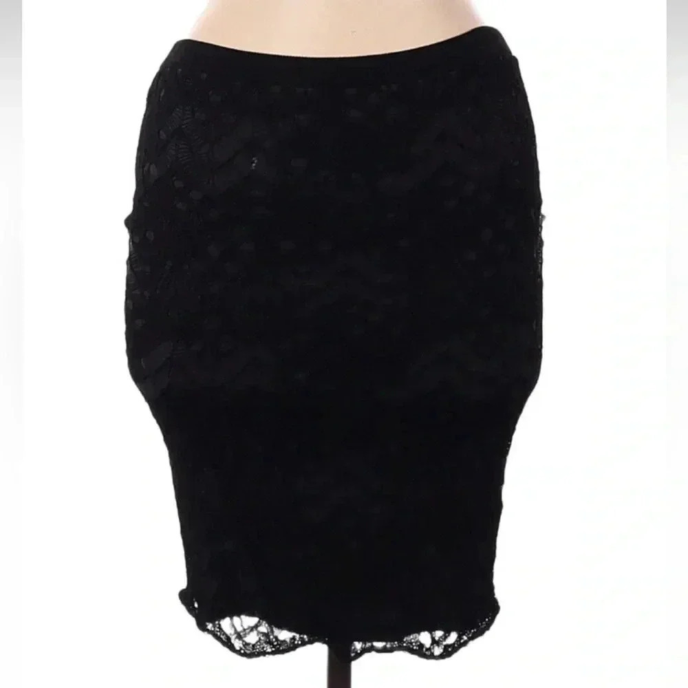 EILEEN FISHER Black Gray Knit Crochet Lace Overlay Straight Pencil Skirt Size XS - Picture 3 of 9